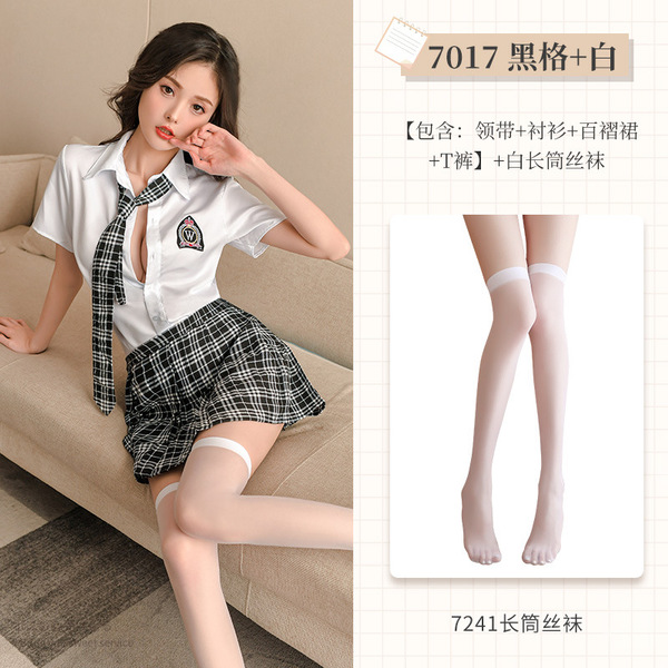 Feimu Seductive Lingerie Set - School Uniform JK Style Outfit for Women, Sexy Costume Ensemble - NY1XST002728 Black plaid + white [tie + shirt + pleated skirt + thong] + white stockings