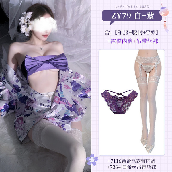 Feimu Sakura Kimono Lingerie Set – Two-Way Sexy Sleepwear with Chest & Hip Reveal, No-Remove Design - NY1ZFT005216◆Enchantment in the Night◆ White + Purple [Kimono + Obeisise + Thong] + Purple Panties + White Garter Stockings