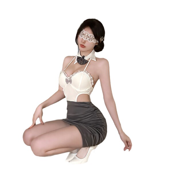 Woman in ol secretary lingerie set with white lace top, gray skirt, and blindfold, posing seductively.