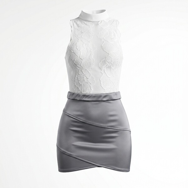 White lace top with high collar paired with a sleek gray pencil skirt, perfect for a stylish and bold date night look.