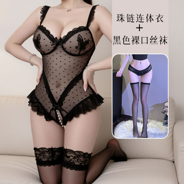 Private Moon Sensual Lace Bodysuit - Sheer Mesh Night Butterfly Fantasy Outfit - bodysuit + black flat stockings