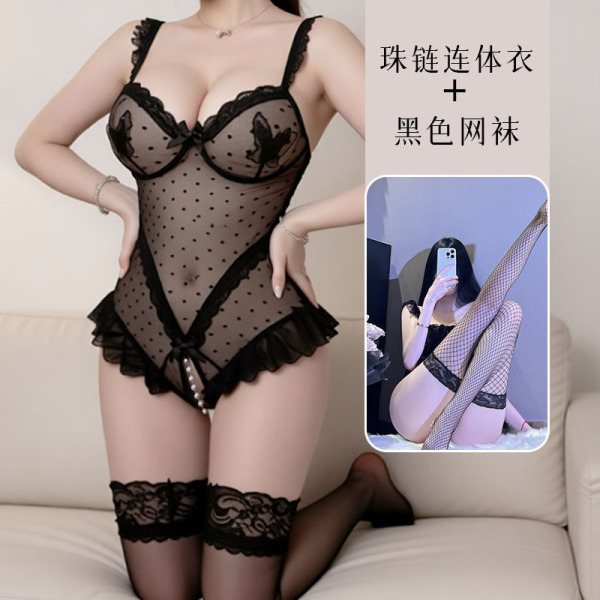 Private Moon Sensual Lace Bodysuit - Sheer Mesh Night Butterfly Fantasy Outfit - bodysuit + black fishnet stockings