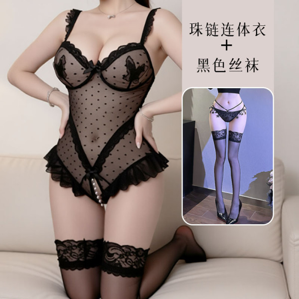 Private Moon Sensual Lace Bodysuit - Sheer Mesh Night Butterfly Fantasy Outfit - bodysuit + black stockings