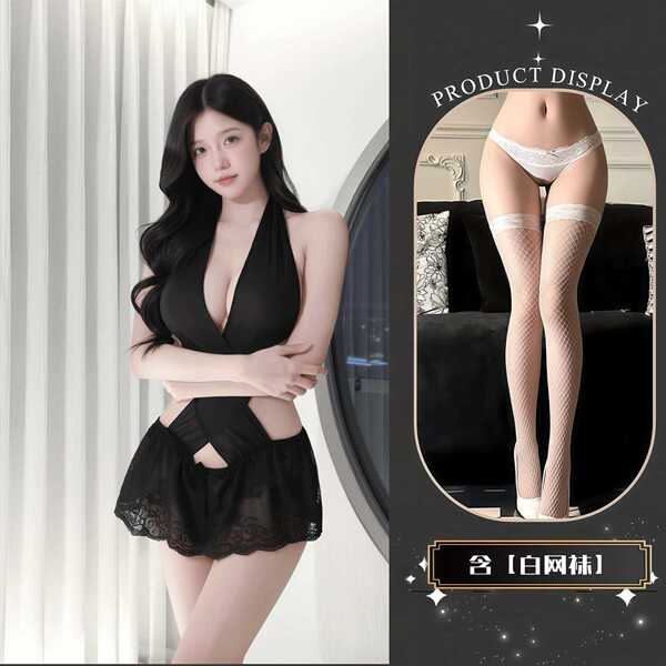 QQNY Pure Allure Sleepwear Set – Elegant Sensual Lingerie for Women, Luxury Bedroom Wear with Soft Lace & Silky Fabric - bodysuit + white fishnet stockings