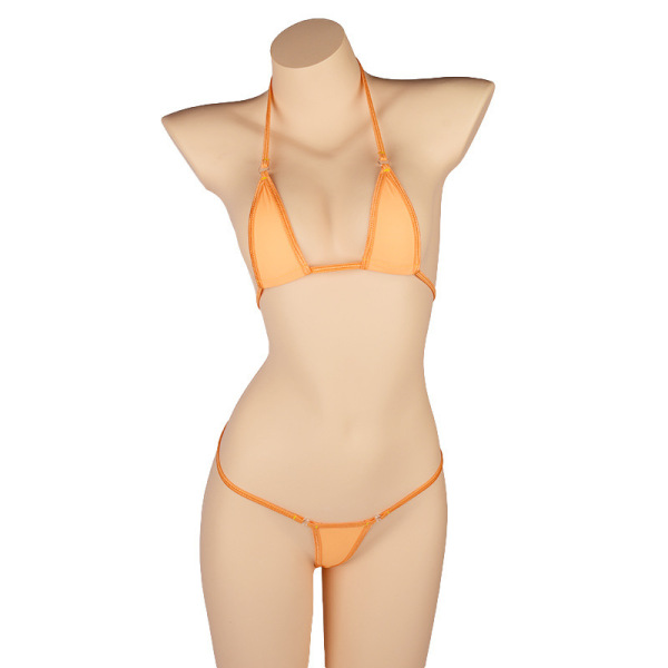 Sexy Lace Bondage Lingerie Set for Women – Ice Silk Sheer Bikini Bra & Panty Outfit - orange color..
