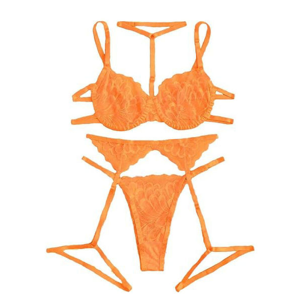 Lace Lingerie Set for Women – Sexy Pure & Tempting Sleepwear with Garter Belt & Halter Bra - orange color