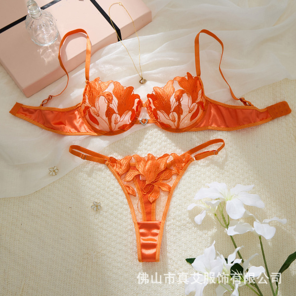 Luxury Lace Sheer Sexy Lingerie Set with Underwire Bra & Thong - Premium Imported Erotic Intimate Wear - orange color