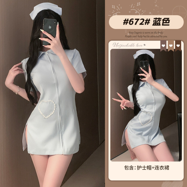 Xianyi Sexy Nurse Costume for Women - Open-Crotch Cosplay Lingerie, Pure & Passionate Role Play Outfit - Blue (dress + headdress) + P4 white