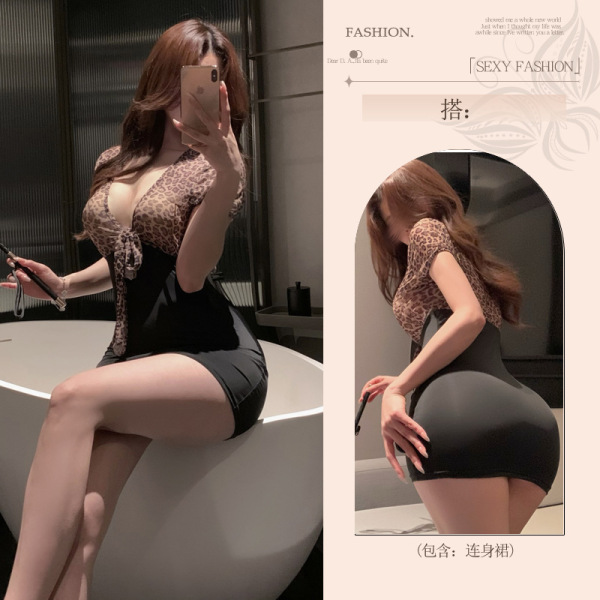 Pure & Seductive Lingerie Set - Leopard Print Naughty Sleepwear, No-Remove Temptation Outfit for Women - Leopard print (including: bodycon dress + thong) + white stockings