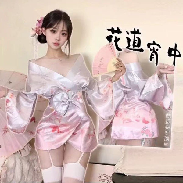 Japanese Kimono Lingerie Set - Sexy Yami Kawaii Costume Sleepwear for Role Play & Cosplay - Gradient pink [Kimono + Obeisise + T-shirt]