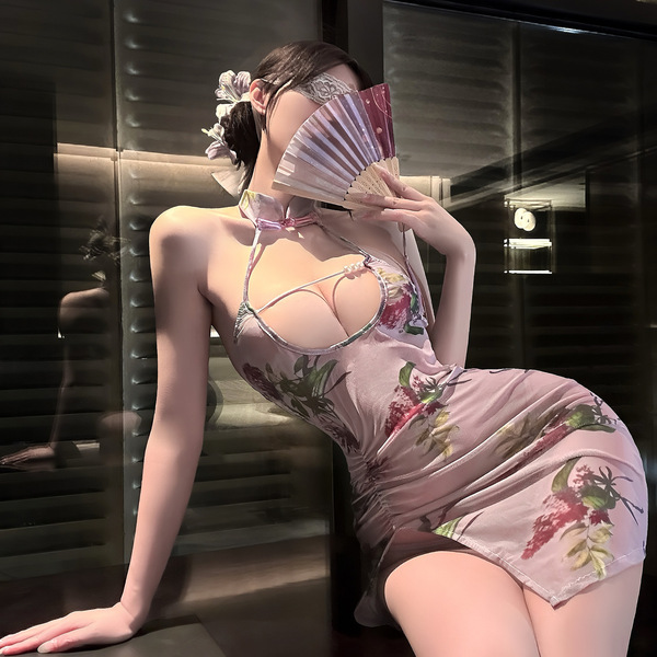 Elegant design featuring a luxurious pearl embellishment on a qipao-style dress with a seductive split-back and peek-a-boo bu...