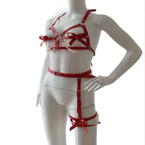Sexy pearl leather corset set featuring bustier with bows and waist trainer, perfect for couples body shaping lingerie.
