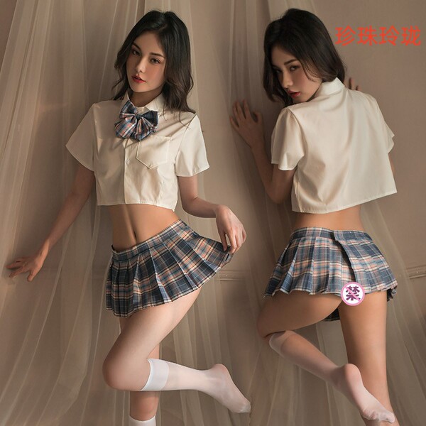 Seductive Pleated Skirt Lingerie Set – Cute JK Uniform Style Women's Sexy Student Outfit - Exquisite Pearl Design [Top + Skirt + Bow + Underwear]