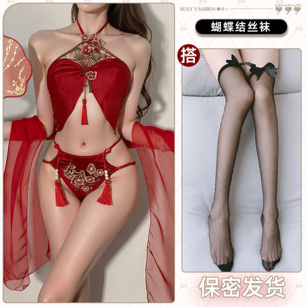 Red Lace Chinese-Inspired Busty Sleepwear - Sexy Hanfu-style Belly Dance Doudou with Tassels & Adjustable Ties - Flowers in full bloom, symbolizing wealth and prosperity + black bow-tie stockings