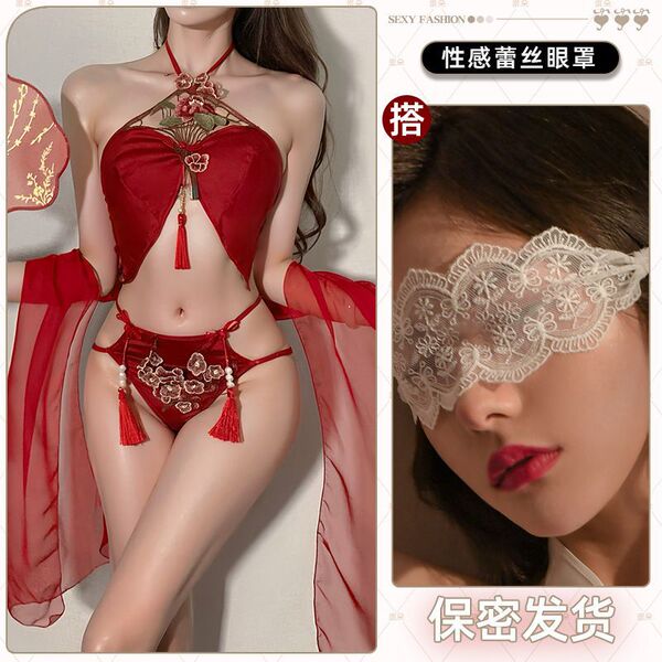Red Chinese-Style Lingerie Set - Sexy Hanfu Belly Dance Bodice with Lace & Tassels, Romantic Sleepwear - Flowers in Full Bloom + White Embroidered Eye Mask