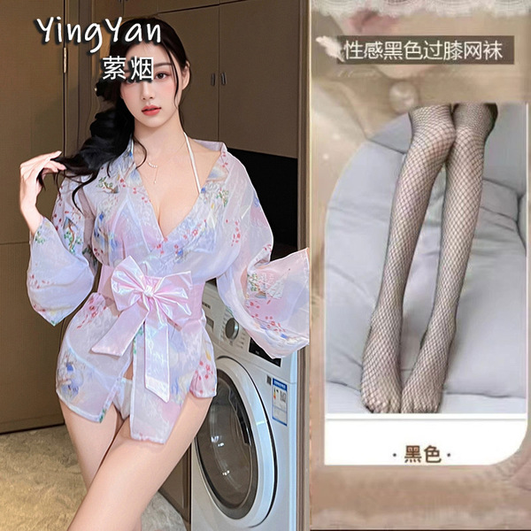 Japanese-Style Lace Kimono Set - Sexy Bow-Tie Sheer Robe & Matching 3-Piece Outfit for Women - 0833 Pink + Black Fishnet Stockings