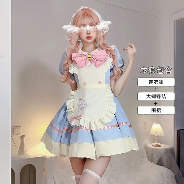 New Japanese Lolita Dress for Girls - Cute Kawaii Student A-Line Skirt, Soft Girly Princess Daily Outfit - Pink and blue Lolita dress three-piece set