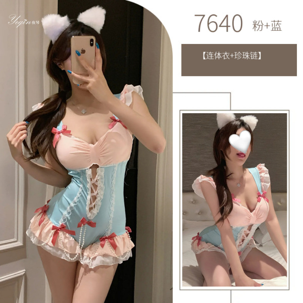 Seductive Maid Costume for Women - Modest Busty-Free Cosplay Uniform, Anime-Inspired Temptation Outfit - Pink + Blue