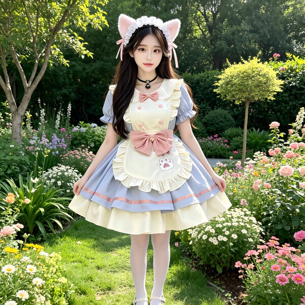Adorable Bow Cosplay Dress - Student Maid Outfit & Lolita Style Daily Dress for Girls - Powder blue OP skirt + free bow + free apron + free headpiece