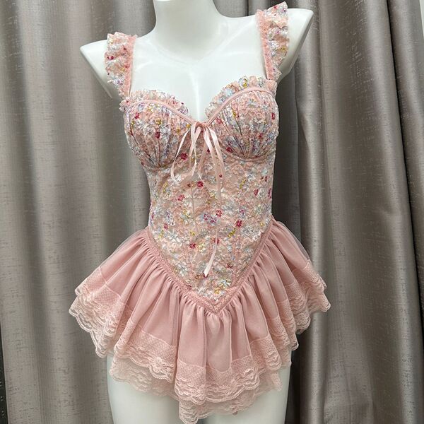 Machu Chu Sheer Maid Costume - Seductive Lingerie Set for Date Night, No-Remove Bedroom Outfit - Pink [Suitsuit vest + T-shirt]
