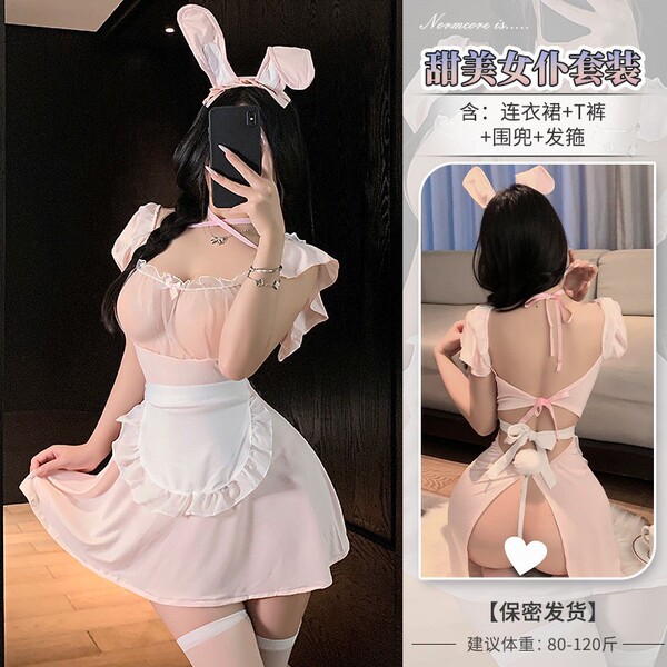 Domeilado Sexy Sheer Lace Bunny Girl Apron Costume - Seductive Role Play Outfit with Underwire Bra - Pink Catwoman outfit + white bow stockings