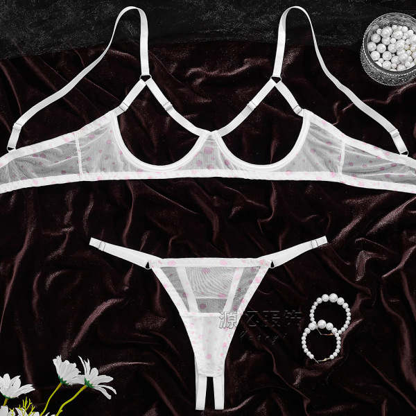 Pink Polka Dot Lingerie Set - Sexy Sheer Bra & Panty Three-Piece Valentine's Day Outfit - Pink polka dots