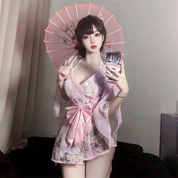 Plus Size Japanese Kimono Lingerie Set with Bow Print – Sexy Sheer Robe Sleepwear Outfit - pink cheongsam