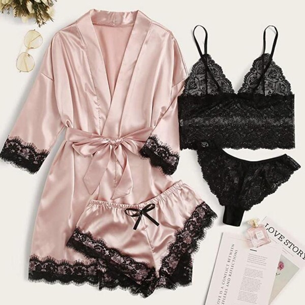 European Women's Lace Sleepwear Set - Sexy Matching 4-Piece Pajama Set for Plus Size & Curvy Women - pink
