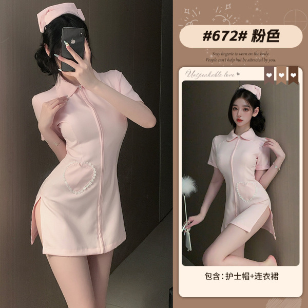 Xianyi Sexy Nurse Costume for Women - Open-Crotch Cosplay Lingerie, Pure & Passionate Role Play Outfit - Pink (dress + headpiece) + P4 white