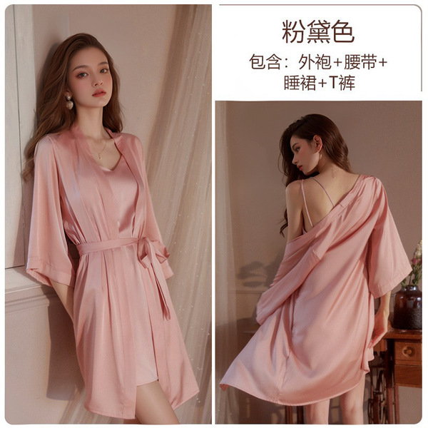 Seductive Ice Silk Backless Sleepwear Set - Sexy Lingerie Nightgown & Robe, No-Remove Passion Outfit, European Style - Pink (slip dress + thong + outer robe + belt)