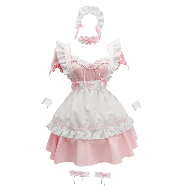Japanese Style Black and White Maid Dress with Lace Trim & Bow - Cosplay Costume & Party Outfit - Pink [skirt + apron + bracelet + necklace + leg ring + headdress]