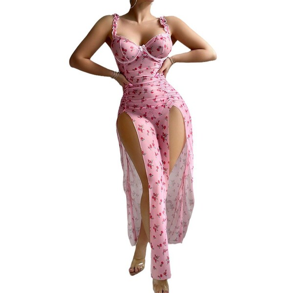 Pink factory-themed thong bikini set featuring a sexy split dress with matching lingerie, perfect for an -style look.