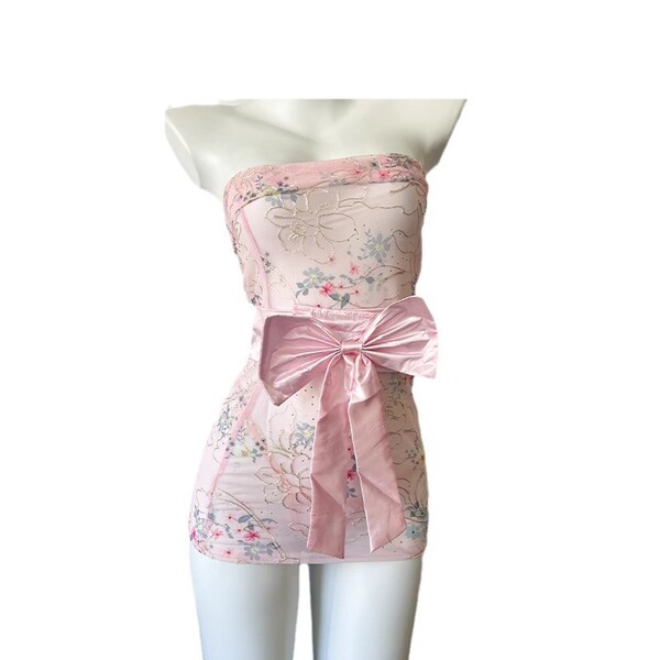 Japanese-Inspired Sexy Lingerie Set – Kimono-Style Erotic Costume with Ties & Corset Detail for Women - light pink