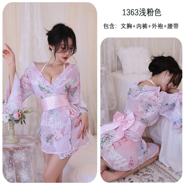 Japanese-Style Sexy Lace Kimono Robe Set - Sheer Chiffon Floral Lingerie Outfit for Women - light pink