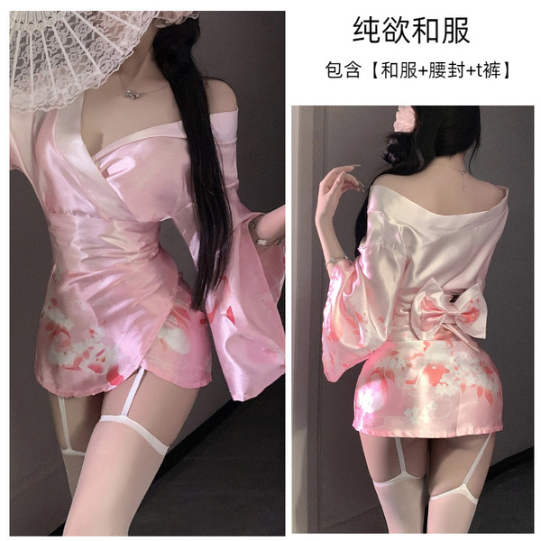 Wuli Tu Temptation Lingerie Set - Deep V Japanese Kimono Style Cosplay Outfit with Floral Fox Dream Design - Gradient pink + matching socks