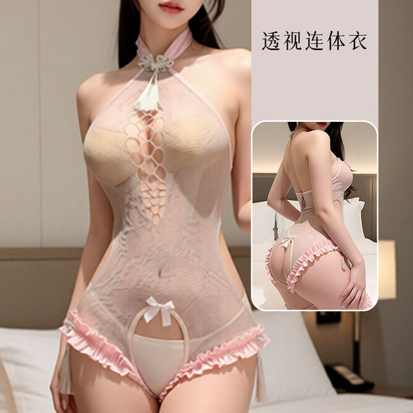 Women's Sheer Lace Bodysuit - Sexy Push-Up Mesh Jumpsuit with Open-Crotch Design & Tear-Away Straps - Pinkish-grey mesh top + white open-crotch socks