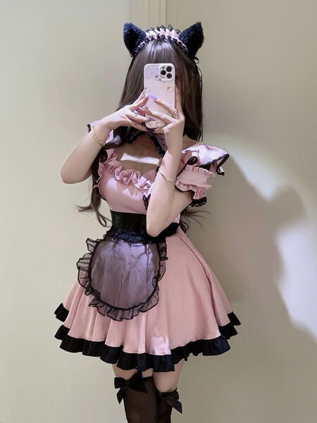 Japanese Cute Maid Costume for Women - Sweet Lolita Cat Girl Uniform with Lace Dress & Apron Set - Pink suit + headband + petticoat