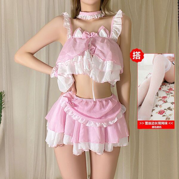 Sexy Maid Costume for Women - Cute & Alluring Lingerie Sleepwear Set, Seductive Bedroom Outfit - Pink maid outfit + white fishnet stockings