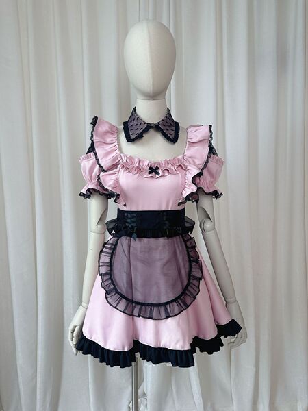 Japanese Cute Maid Costume for Women - Sweet Lolita Cat Girl Uniform with Lace Dress & Apron Set - Pink maid outfit + headband
