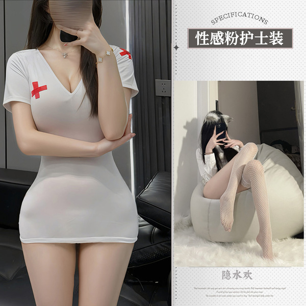 Sexy Nurse Costume for Women - Seductive Lingerie Sleepwear Set with Skirt & Top, Bedroom Role Play Outfit - Pink nurse + white fishnet stockings