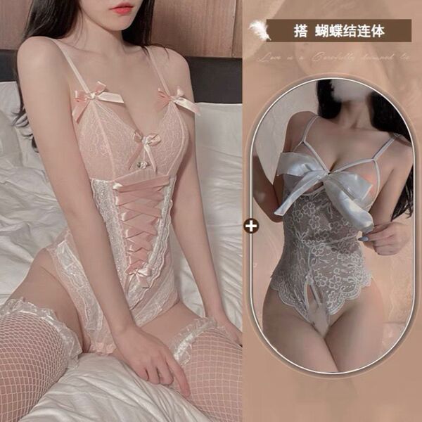 Sensual Lace Lingerie Set for Women - Pure & Passionate Maid Costume Sleepwear, Erotic Romantic Outfit - Pink bodysuit with bow tie, comes with a pair of socks