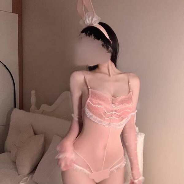 Rabbit Girl Lingerie Set - Sexy Lace Sleepwear Costume, No-Remove Seductive Outfit for Adults - pink bodysuit
