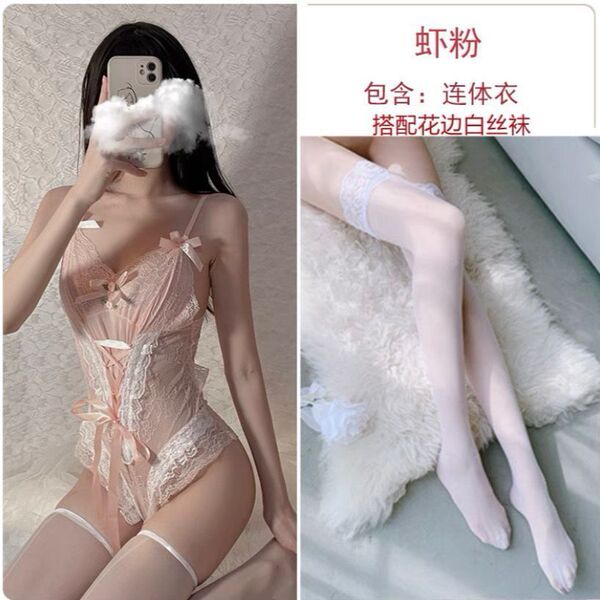 Pure & Passionate Women's Lingerie Set - Seductive Maid Costume with Lace Sleepwear & Sensual Outfit - Pink bodysuit + stockings