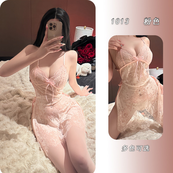 Yeyu Lace Babydoll Nightgown - Sexy Sheer Strap Dress with Ties, Elegant Lingerie Set for Women - Pink + open crotch socks