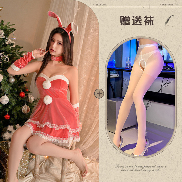 Christmas Bunny Girl Dress - Sexy Sheer Mesh Bodysuit with Sleeve Cuffs, Naughty Holiday Lingerie Set - Pink and white open-crotch socks