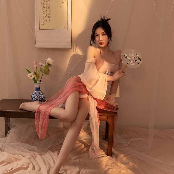Yeyu Sensual Lingerie Set – Ancient Chinese Hanfu-Inspired Bedroom Sleepwear, Sexy & Playful Erotic Outfit - Pink suit + white stockings over the knee
