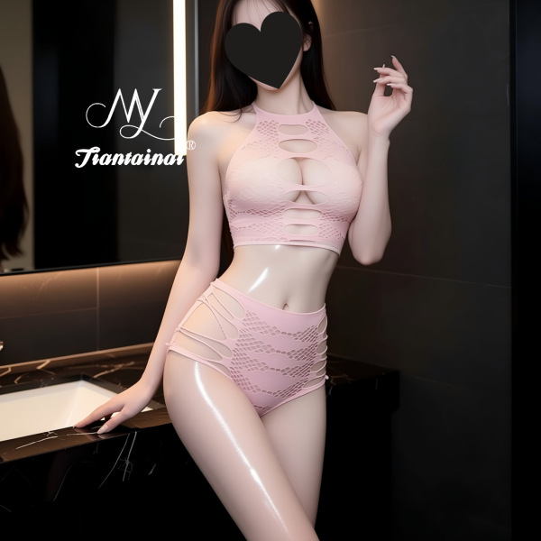 Sexy Sheer Lace Bodysuit Set - Plus Size Tear-Away Mesh Thong Bodysuit for Women, No-Remove Intimate Outfit - Pink + Pink Opening