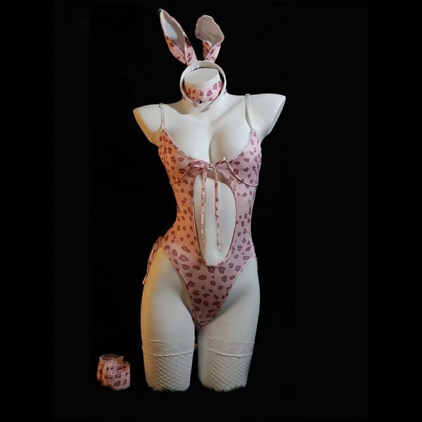 Pure & Playful Lingerie Set - Bunny Girl Costume, Seductive Sleepwear & Naughty Uniform Outfit for Women - Pink leopard print