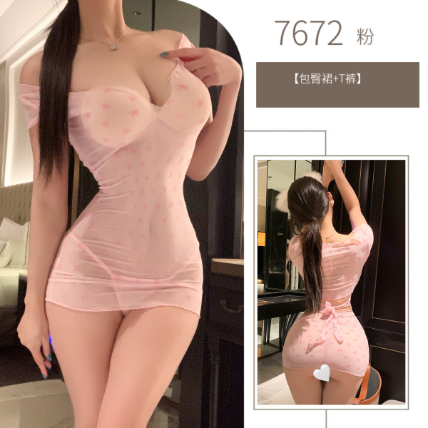 Sheer Lace Bow Mini Skirt Set - Seductive No-Remove Pure Temptation Sleepwear for Women - Pink bodycon skirt