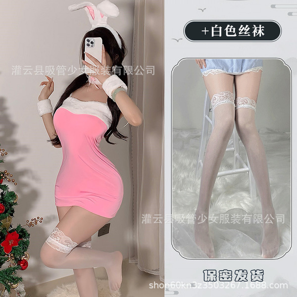 Cute Bunny Girl Costume - Sexy Christmas Outfit, Red Bodycon Mini Dress with Straw Hat & Bow - Pink suit + white stockings